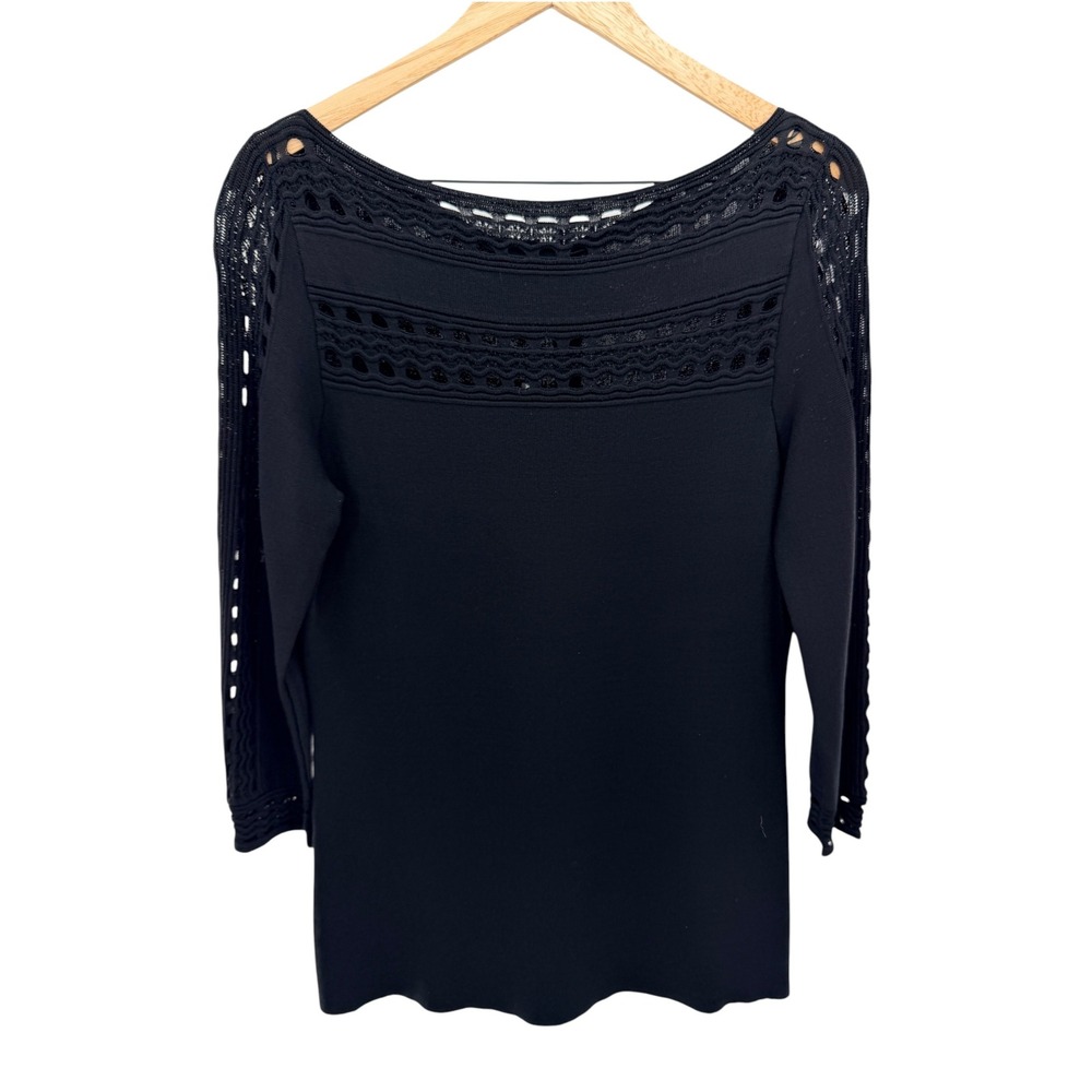 Alexia Admor Black Pointelle Open Knit Top M Boat Neck Crochet Sweater 3/4 NWT